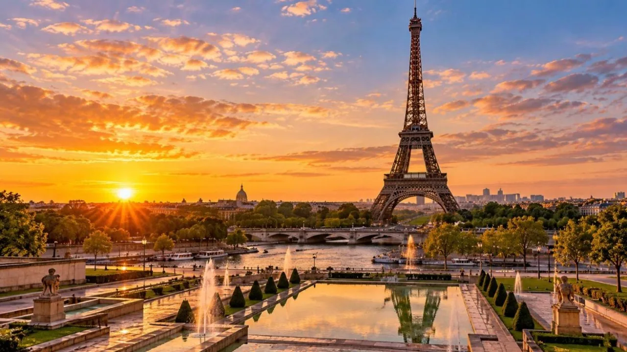Eiffel Tower at golden hour seen from the Trocadero gardens