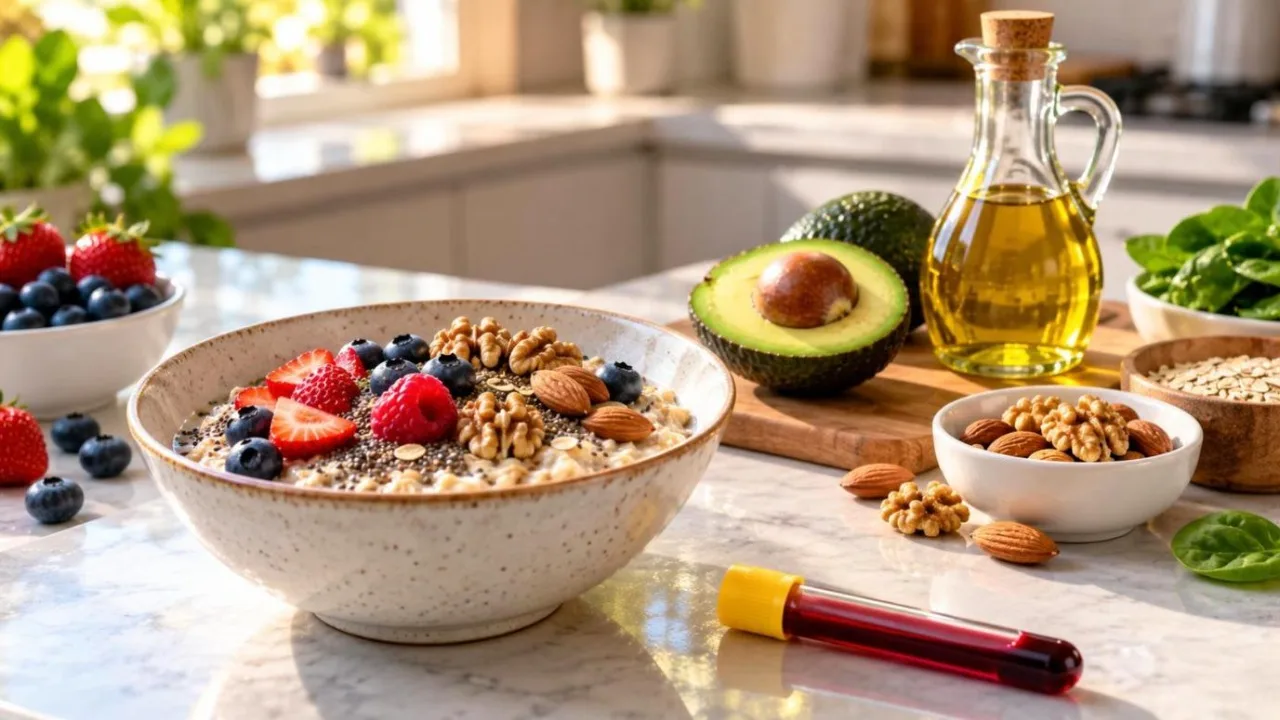 Oats with berries, nuts, avocado and olive oil beside a blood sample tube
