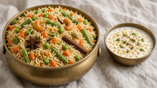Food photo of a brass handi of fluffy vegetable pulao with peas, carrots and whole spices beside a bowl of raita