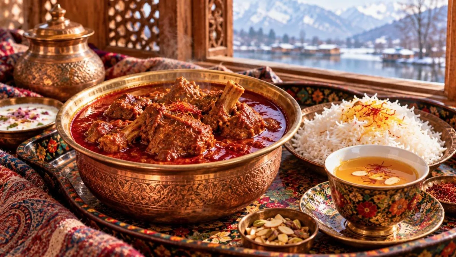 Deep red Kashmiri rogan josh in a copper bowl with rice and kahwa in a Kashmiri setting