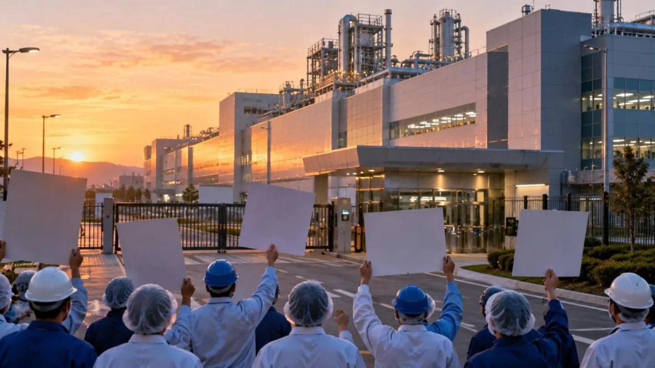 Workers seen from behind holding blank placards outside a semiconductor plant at dawn