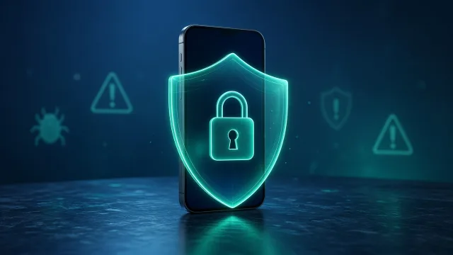 Editorial illustration of a smartphone protected by a glowing shield with a padlock in the centre