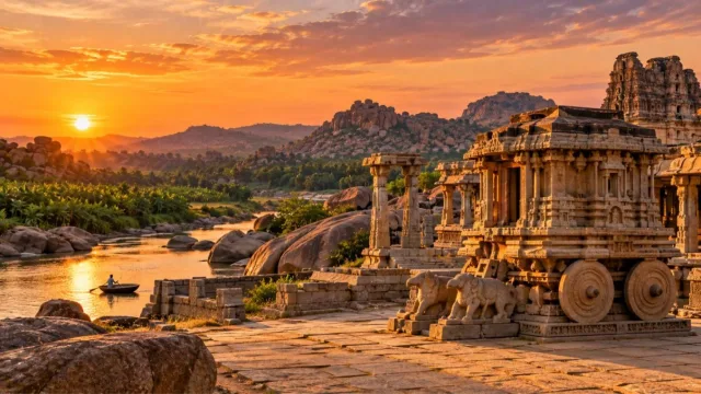 Stone chariot and Vijayanagara temple ruins among granite boulders in Hampi at sunset