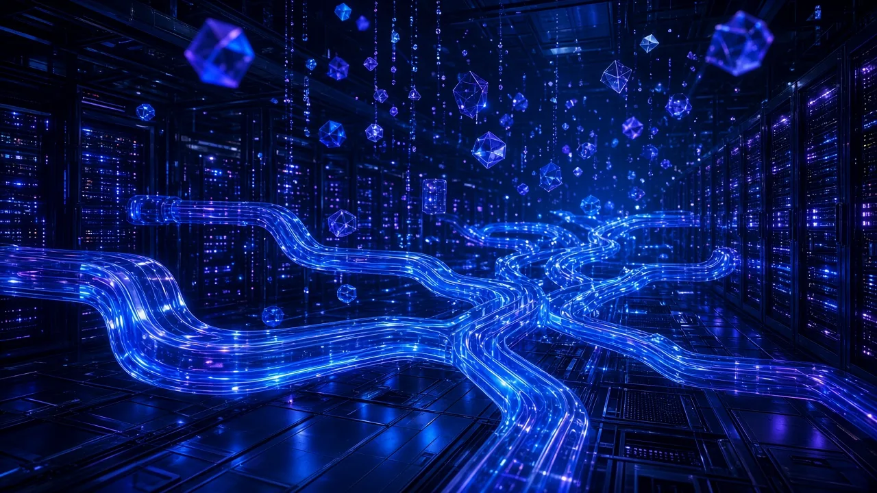 A glowing blue stream of light flowing through a dark data center, representing a powerful new AI model.
