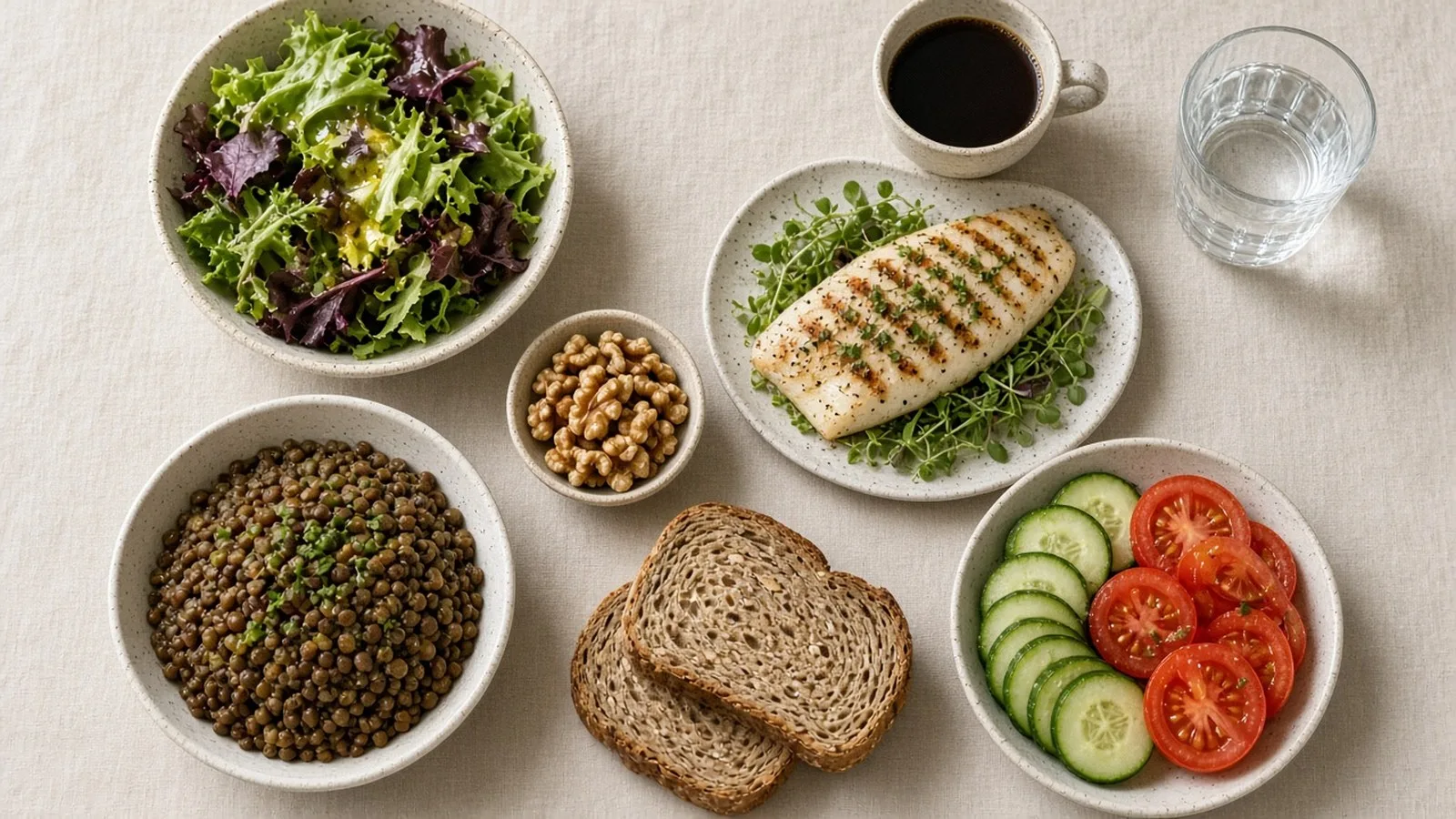 Mediterranean-style meal of salad, grilled fish, lentils, whole-grain bread, walnuts, vegetables and black coffee