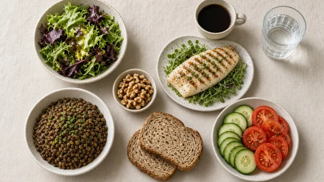 Mediterranean-style meal of salad, grilled fish, lentils, whole-grain bread, walnuts, vegetables and black coffee