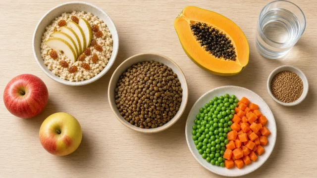 High-fibre foods including oats with pear and raisins, lentils, papaya, peas, carrots, linseeds, apples and a glass of water