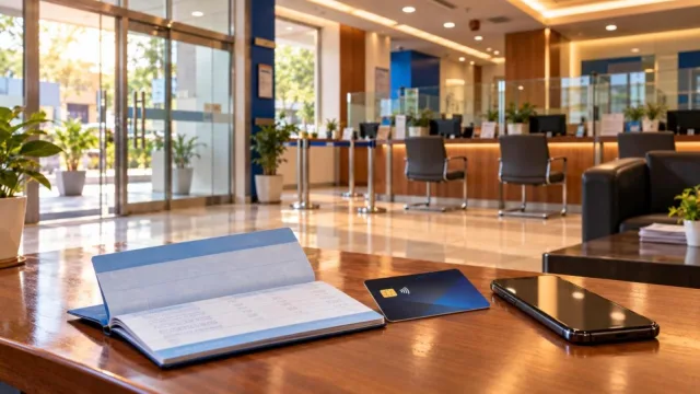 A modern Indian bank branch hall with a passbook, debit card and smartphone on a desk