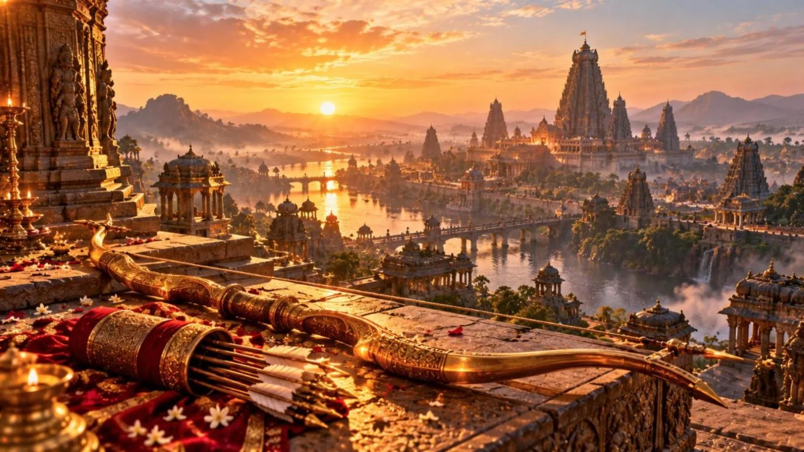 A giant golden bow and quiver of arrows on a stone altar before a mythical ancient city at sunrise