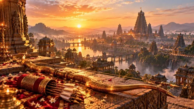 A giant golden bow and quiver of arrows on a stone altar before a mythical ancient city at sunrise