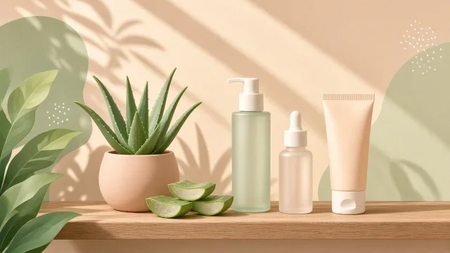 Editorial illustration of simple skincare bottles, aloe vera and a sunscreen tube on a sunlit shelf