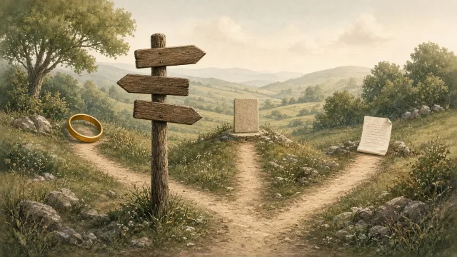 Editorial illustration of three paths branching from a signpost, each marked with a different simple icon