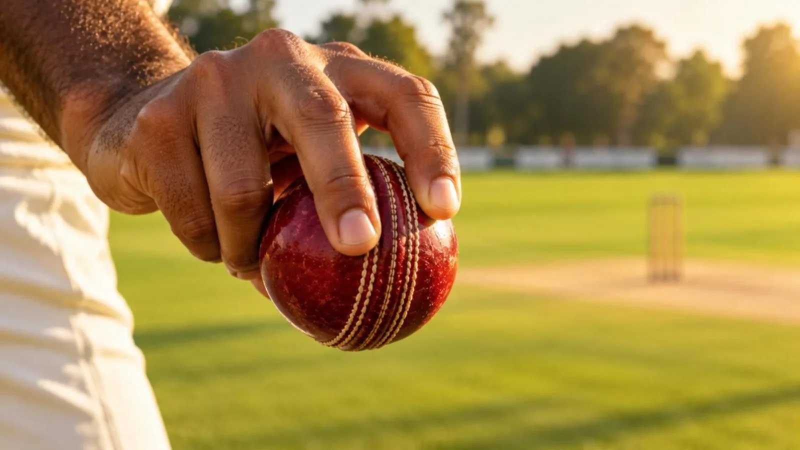 A spinner's fingers gripping a red cricket ball across the seam against a sunlit green ground