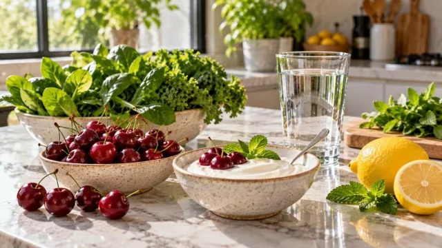 Cherries, yogurt, water and leafy greens on a marble kitchen counter