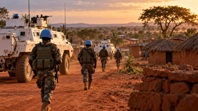 Peacekeepers in blue helmets walking past white armoured vehicles on a red-earth road