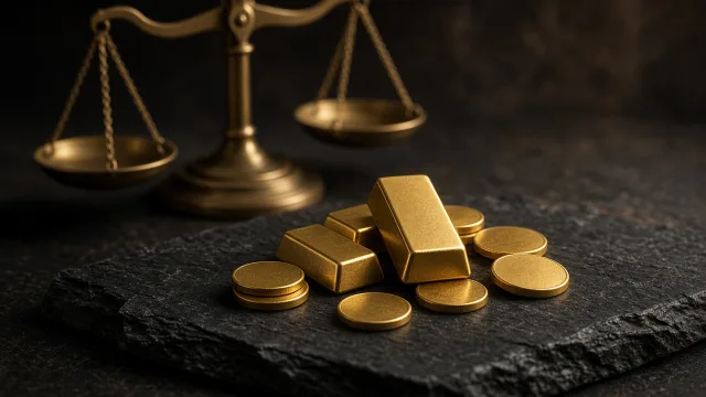 Small gold bars and coins arranged on a dark slate surface under warm light