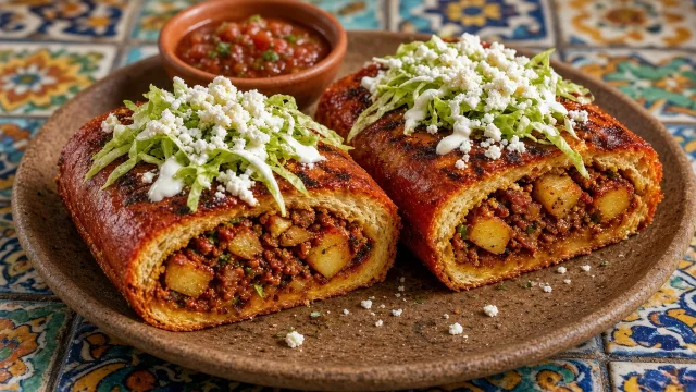 Red chile-soaked sandwich rolls stuffed with potato and chorizo, topped with lettuce, crema and crumbled cheese