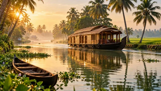 Traditional Kerala houseboat on a palm-lined backwater canal near Alleppey in morning light