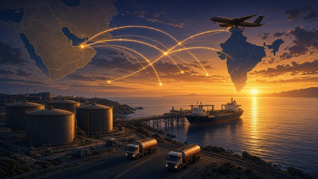 Fuel storage tanks, a tanker ship and route lines linking India and the Gulf, representing the Aegis-Tristar deal