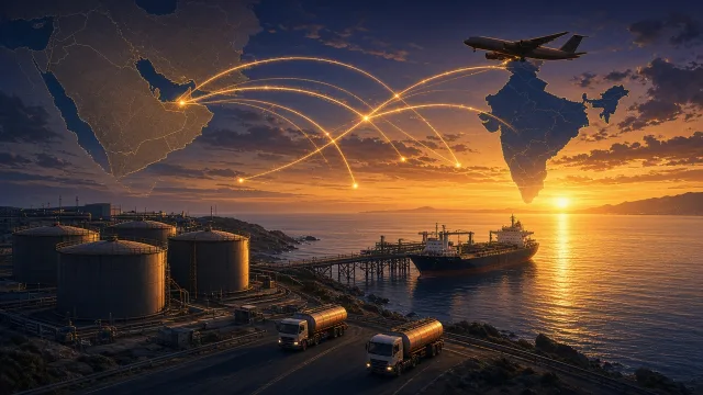 Fuel storage tanks, a tanker ship and route lines linking India and the Gulf, representing the Aegis-Tristar deal