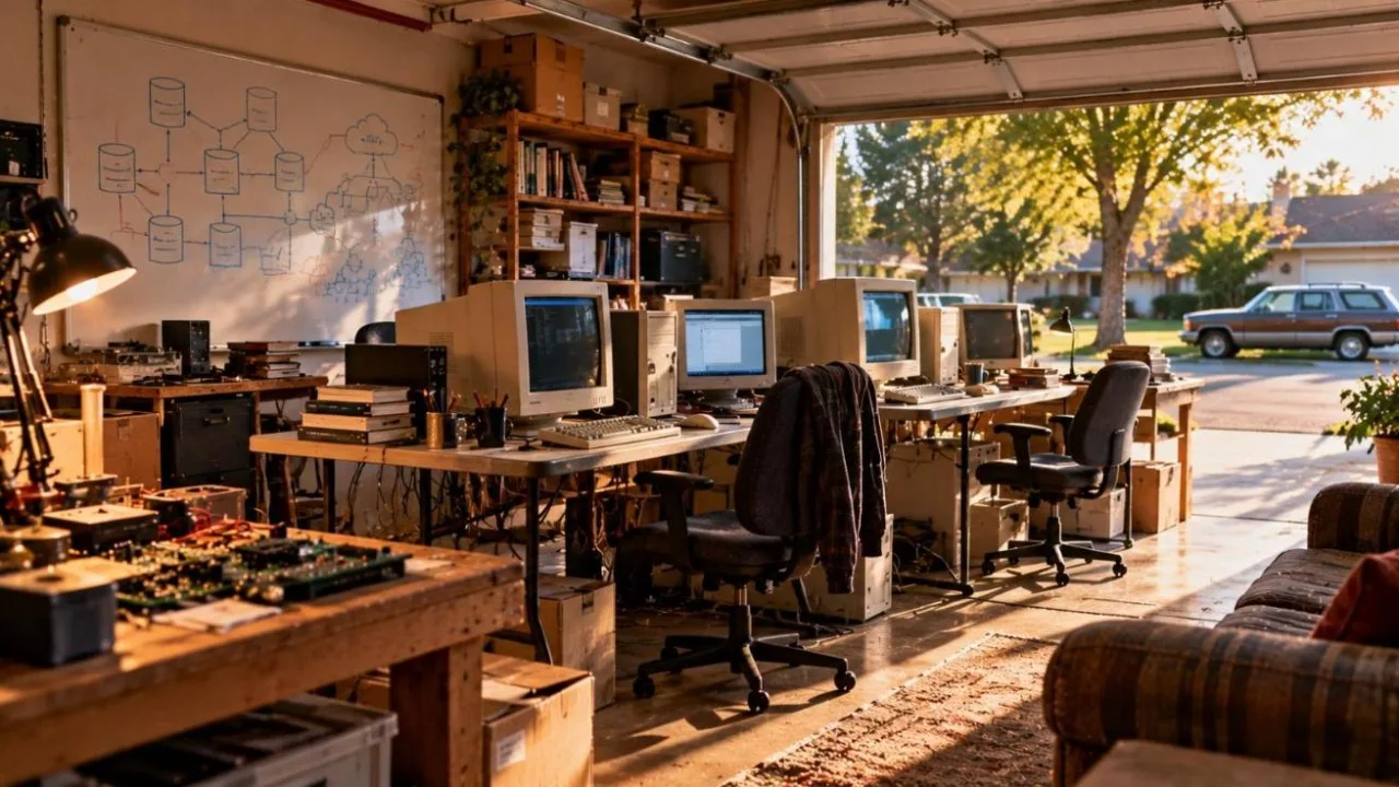 Small garage converted into a 1990s tech startup office with computers on folding tables and a whiteboard