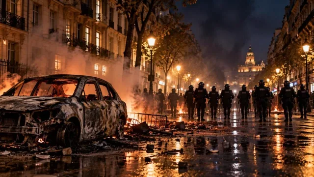A smoky Paris street at night with riot police seen from behind in the distance