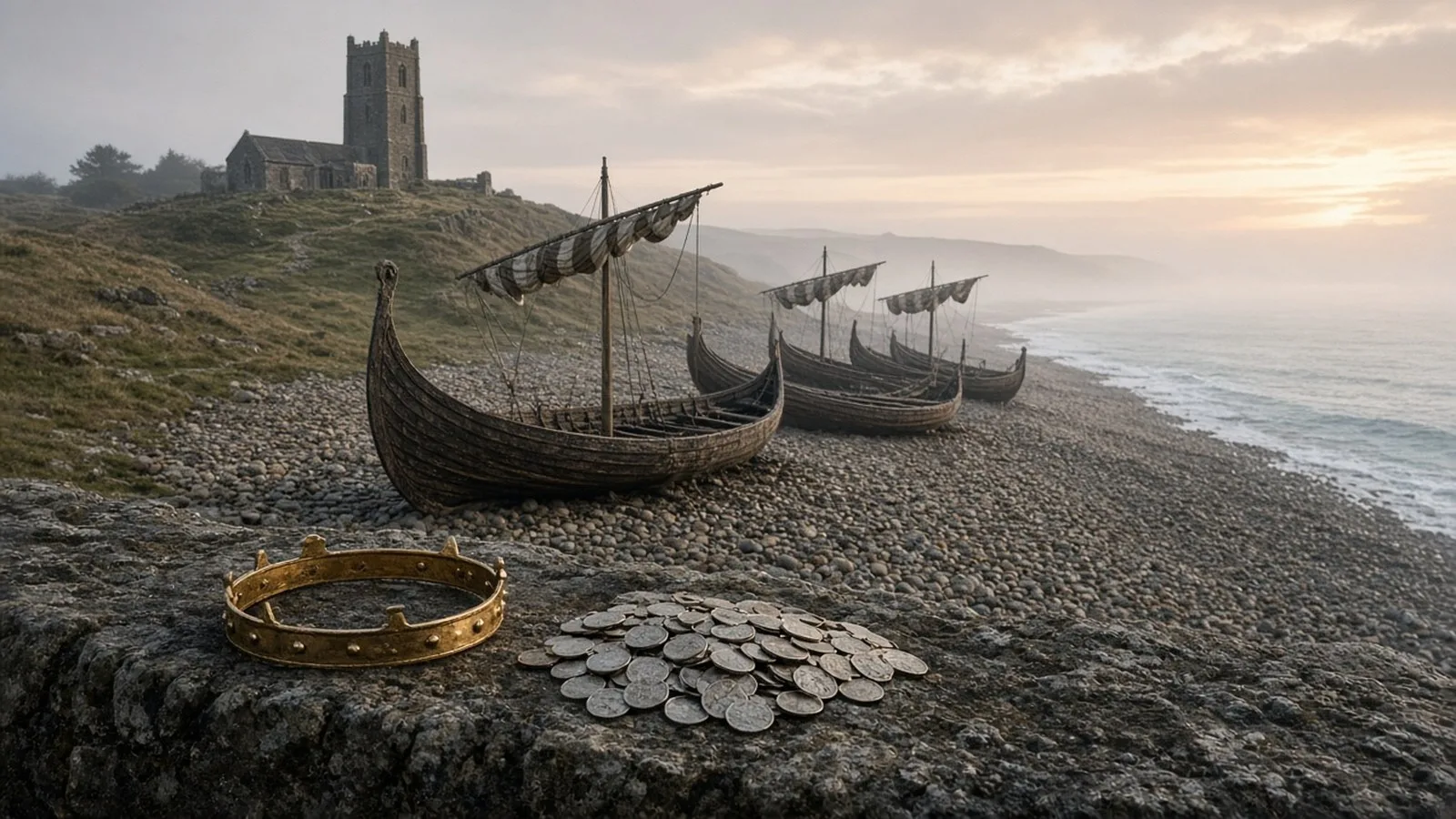 Empty Viking longships beached on a misty English shore below an Anglo-Saxon church tower, with a gold crown and a pile of silver coins on a stone wall, recalling the Danegeld paid by Æthelred the Unr