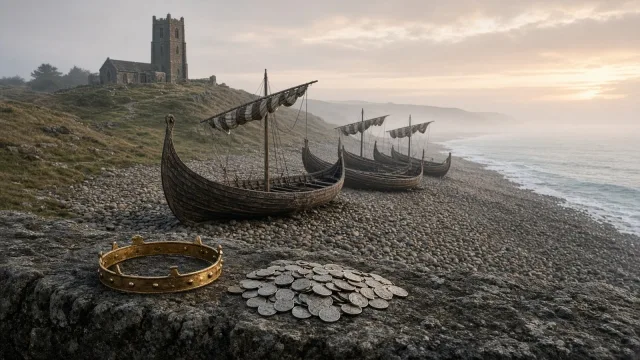 Empty Viking longships beached on a misty English shore below an Anglo-Saxon church tower, with a gold crown and a pile of silver coins on a stone wall, recalling the Danegeld paid by Æthelred the Unr