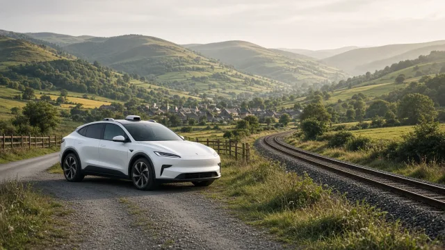 A white electric car with roof-mounted sensors waiting at a quiet village stop beside a railway line