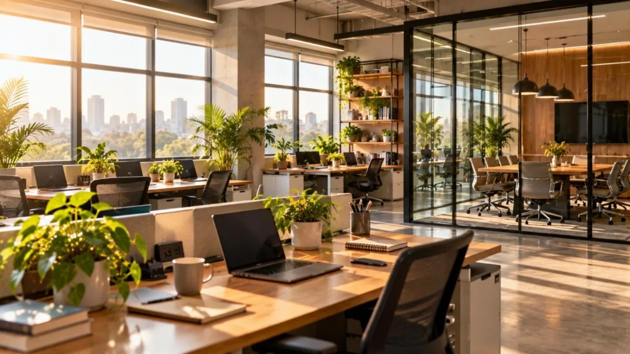 Bright modern startup office with laptops, plants and a glass meeting room