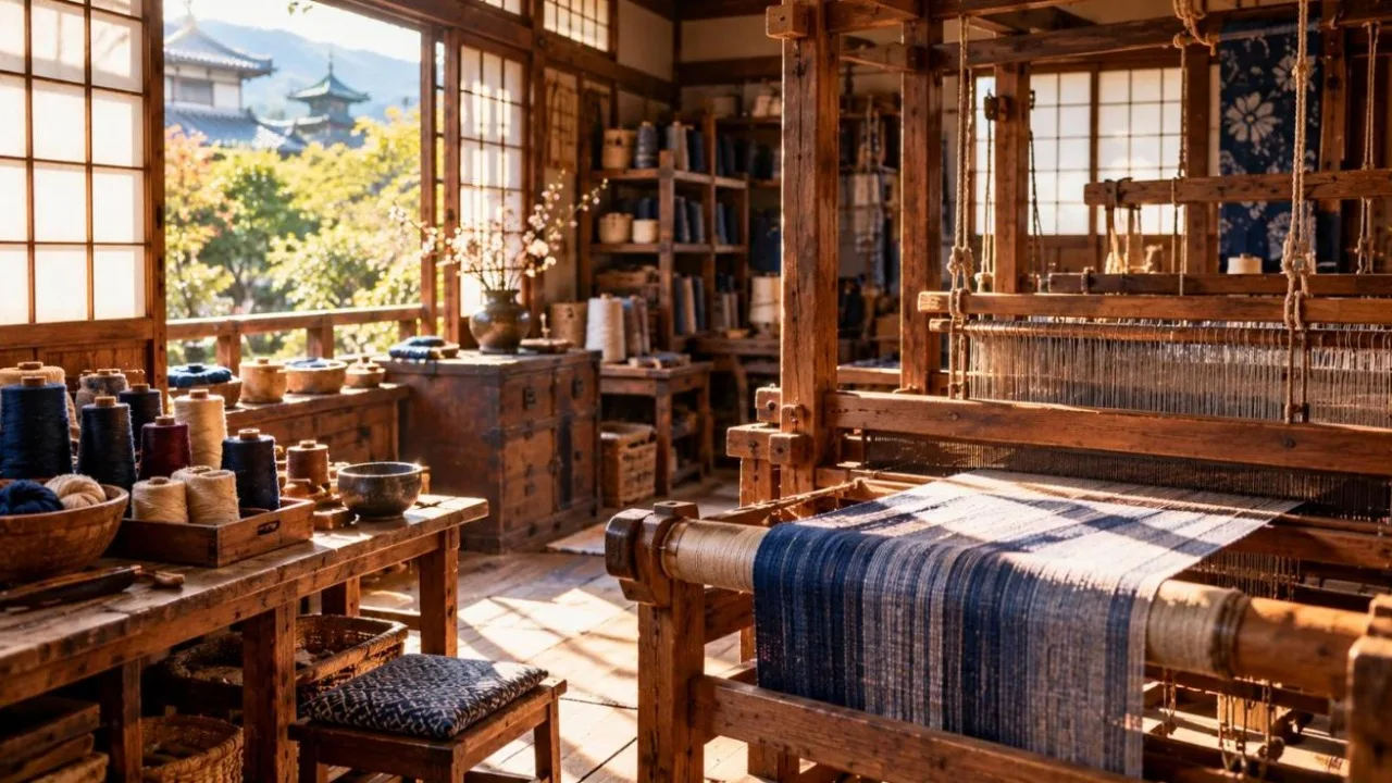 Early 20th-century Japanese wooden workshop with a traditional weaving loom and spools of thread
