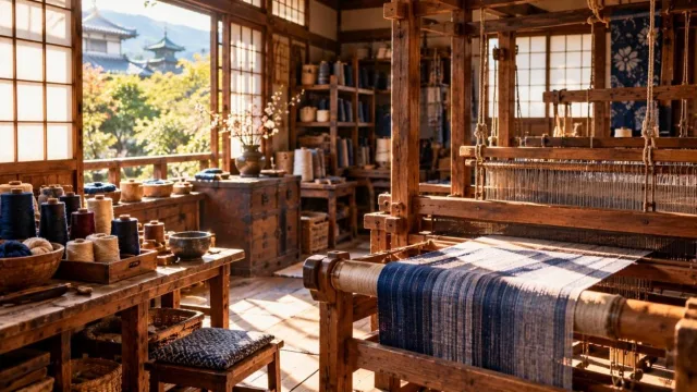 Early 20th-century Japanese wooden workshop with a traditional weaving loom and spools of thread