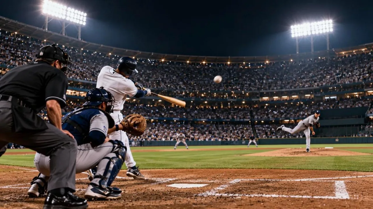 Night baseball game under floodlights with a batter swinging and a packed stadium