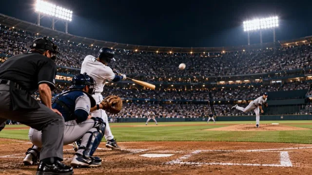Night baseball game under floodlights with a batter swinging and a packed stadium