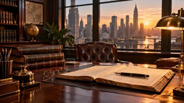 Vintage wooden desk with old financial ledgers, a fountain pen and reading glasses in warm lamplight