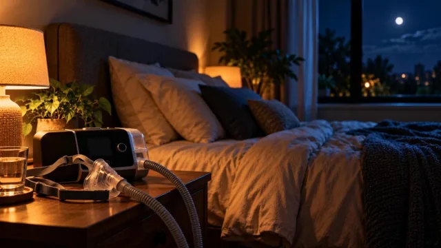 Peaceful bedroom at night with a bedside breathing machine and mask resting on the nightstand