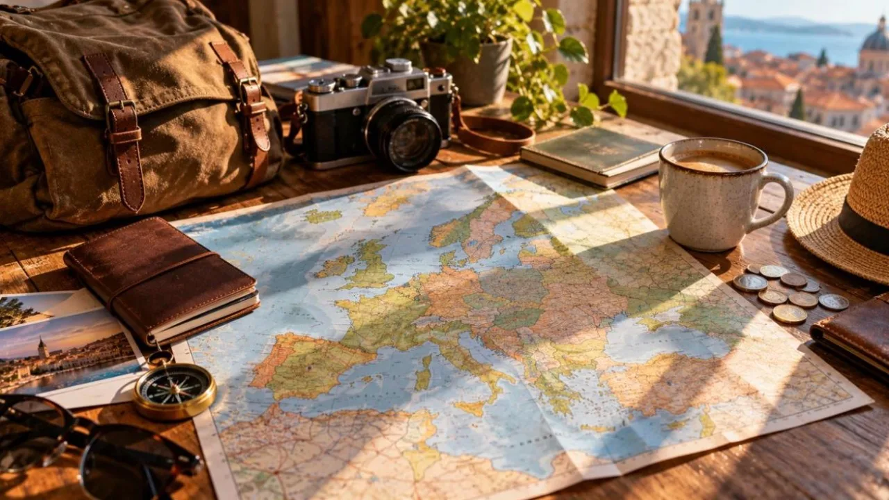 Traveller flat lay with a paper map of Europe, a notebook, coins, a backpack and a camera on a wooden table