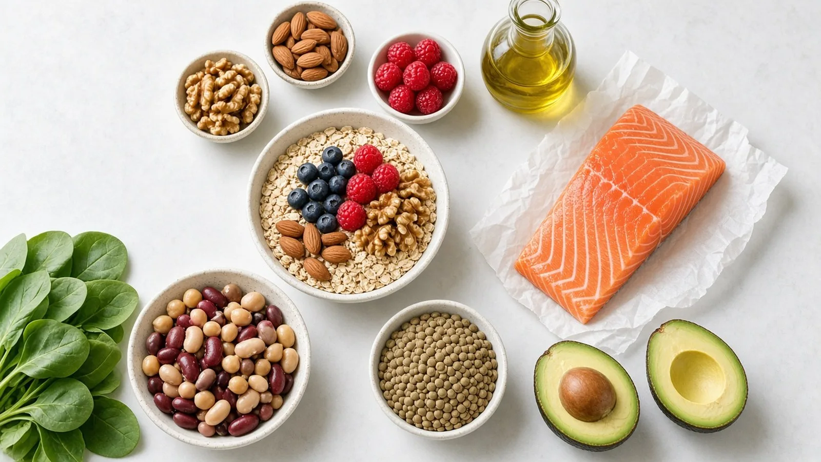 Heart-healthy foods including oats with berries, nuts, olive oil, salmon, avocado, beans, lentils and spinach
