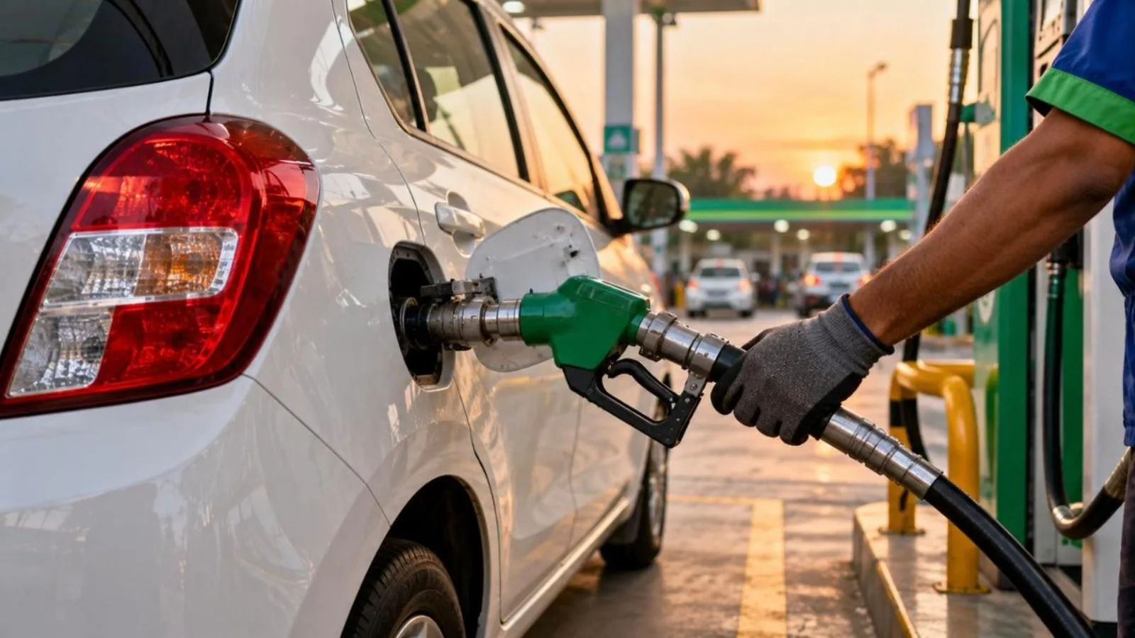 A white hatchback being refuelled at a gas station with a green dispenser nozzle at sunset