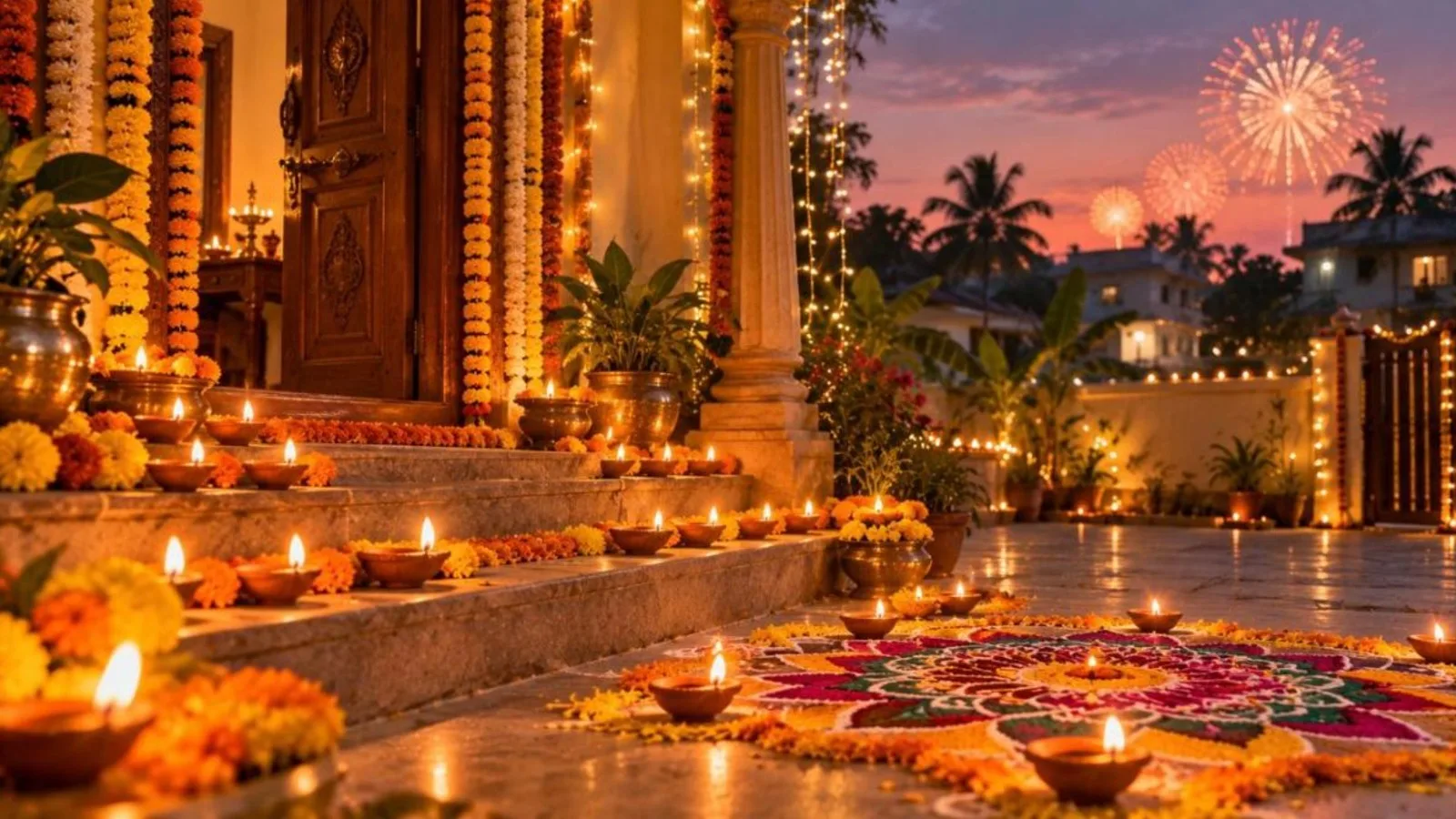 Clay diyas, rangoli and marigold garlands at the doorstep of an Indian home on Diwali evening