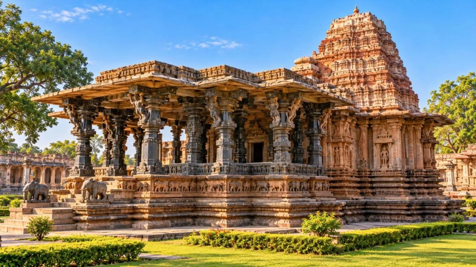 The Ramappa Temple in Telangana with its carved black basalt pillars and stepped tower