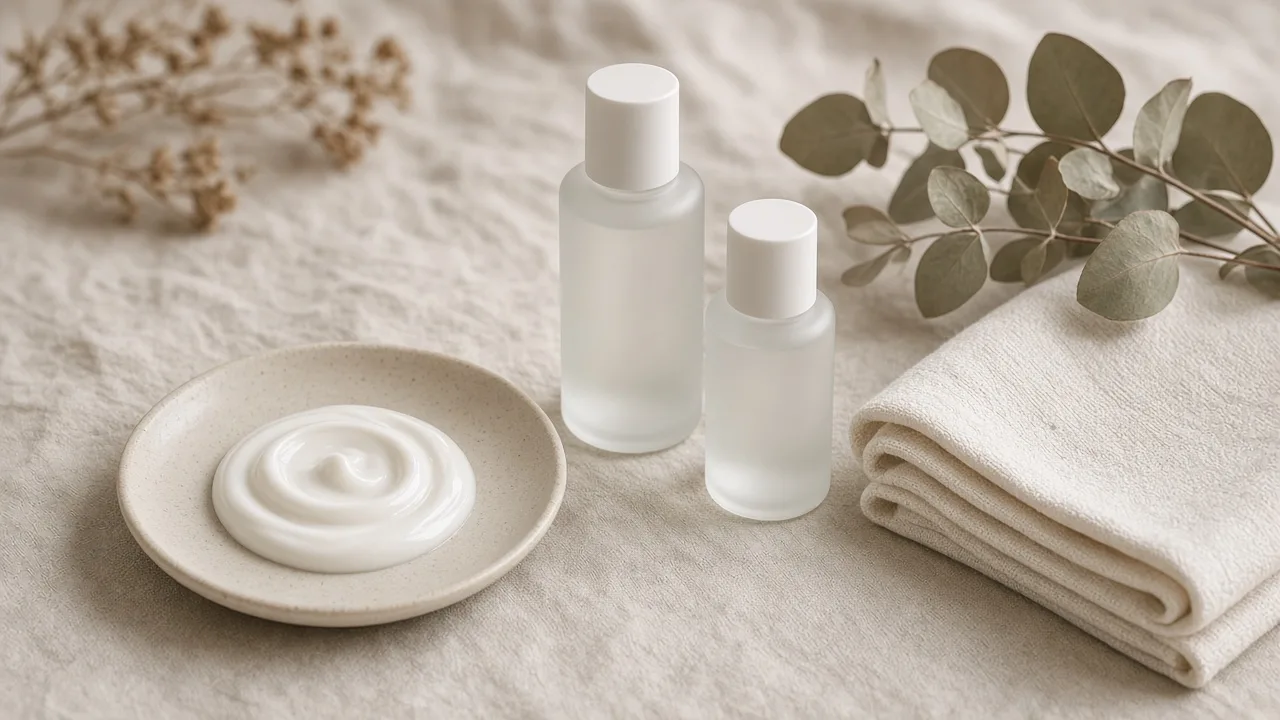 Milky white lotion swirled on a pale ceramic dish beside a folded cotton towel and dried eucalyptus