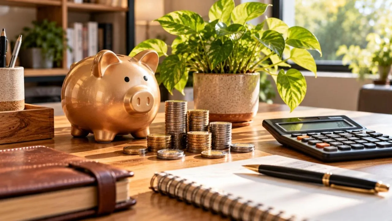 Piggy bank, coins, money plant, calculator and notebook on a desk