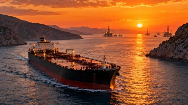 Oil tanker sailing through a narrow sea strait at sunset with platforms on the horizon