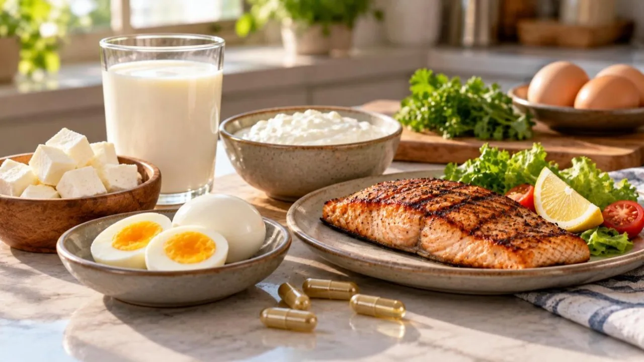 Milk, curd, paneer, boiled eggs and grilled fish on a table with capsules