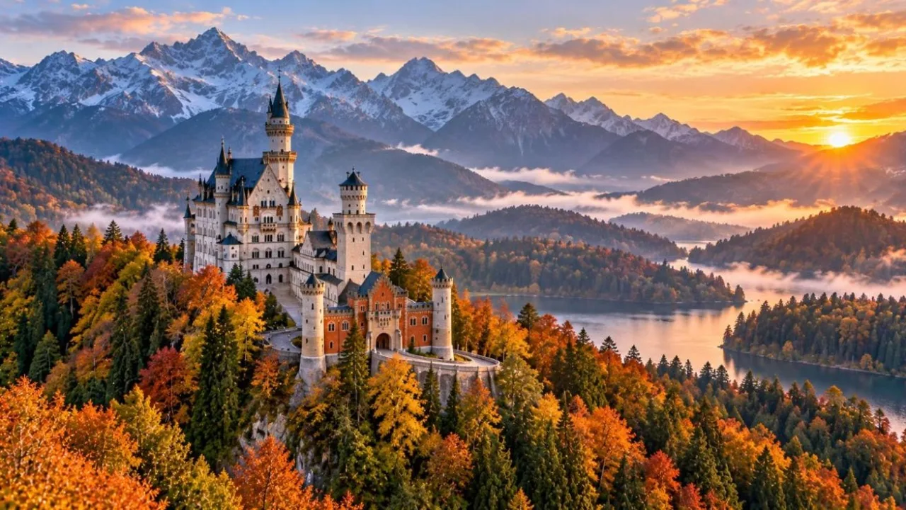 Neuschwanstein Castle in the Bavarian Alps surrounded by autumn forest and misty mountains