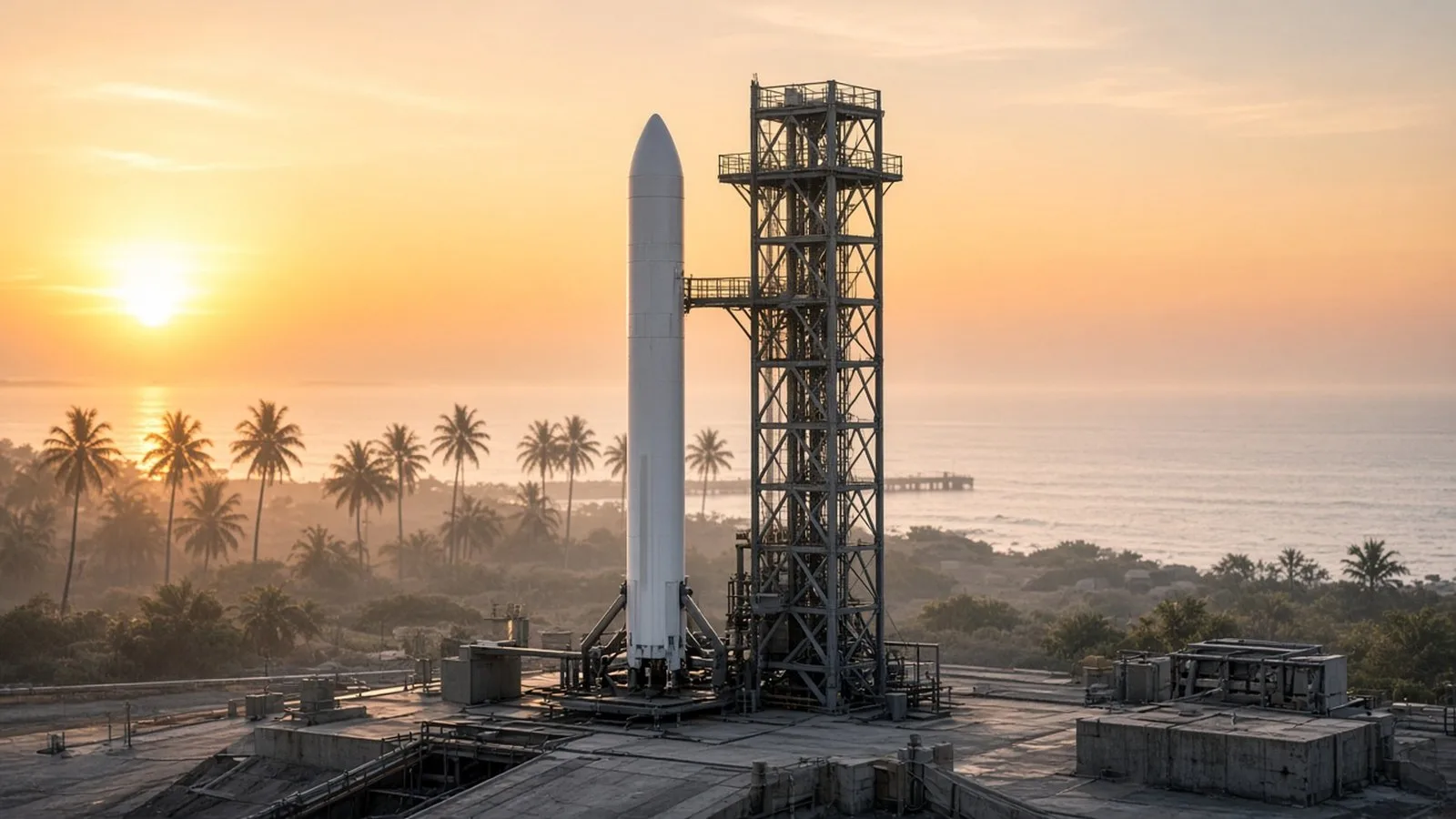 A plain white small rocket on a coastal launch pad at sunrise, with a steel service tower, palm trees and a calm sea in the background