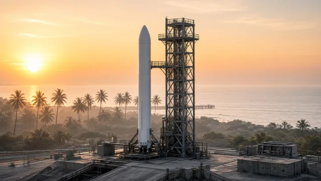 A plain white small rocket on a coastal launch pad at sunrise, with a steel service tower, palm trees and a calm sea in the background