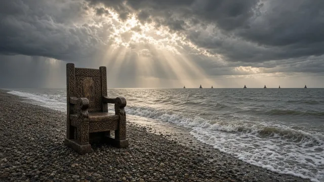 An empty carved wooden throne on a pebble beach as the North Sea tide washes in under a stormy sky, with longship sails on the horizon, recalling the legend of King Cnut and the waves