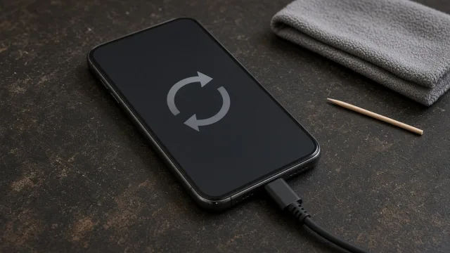 Smartphone on a workbench with a charging cable, wooden toothpick and microfibre cloth